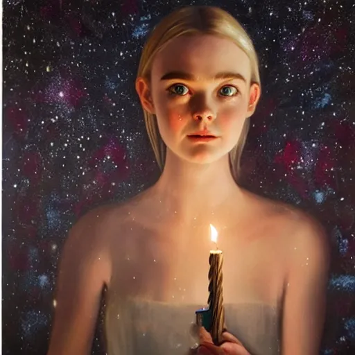 Image similar to a striking hyper real oil painting of Elle Fanning with cybernetics, dark, candle lighting, stars in the sky,