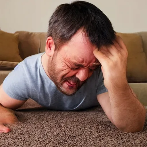 Prompt: man crying because his dog just pooped on the carpet