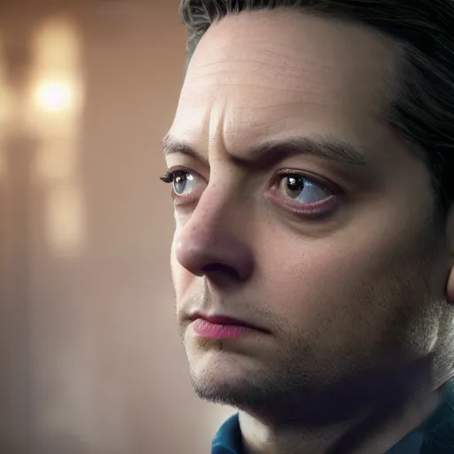 Image similar to tobey maguire as a rough dirty old man with a scruffy beard in a dark blue trenchcoat as the new doctor who, cinematic, volumetric lighting, f 8 aperture, cinematic eastman 5 3 8 4 film, photorealistic