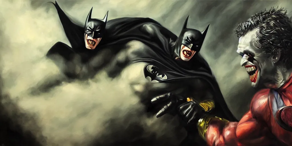 Image similar to a hyperrealistic oil painting of Batman fighting Joker; masterpiece, extremely highly detailed; ultra realistic; trending on artstation