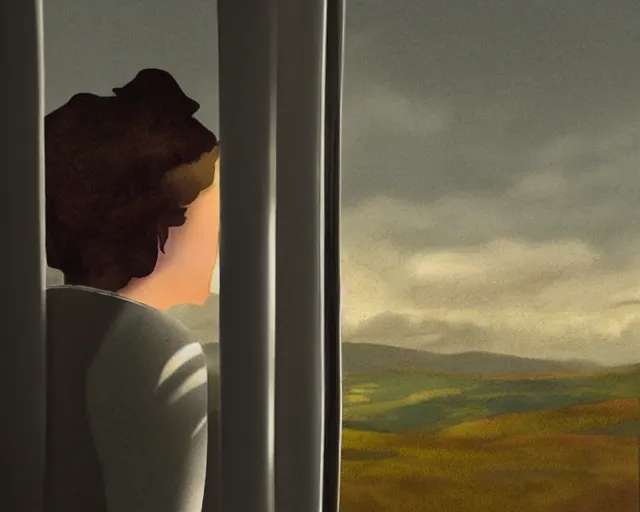 Prompt: a matte painting of a sleepy woman riding the train home weary and tired after a long day. she's leaning her head against the window watching as the landscape flies by.