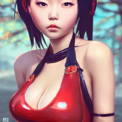 Image similar to a beautiful young japanese hitomi tanaka alluring instagram model in elaborate latex tank top, jrpg tank top made from latex demon faces, by guweiz and wlop and ilya kuvshinov and artgerm and, aesthetic, gorgeous, stunning, alluring, attractive, artstation, deviantart, pinterest, digital art