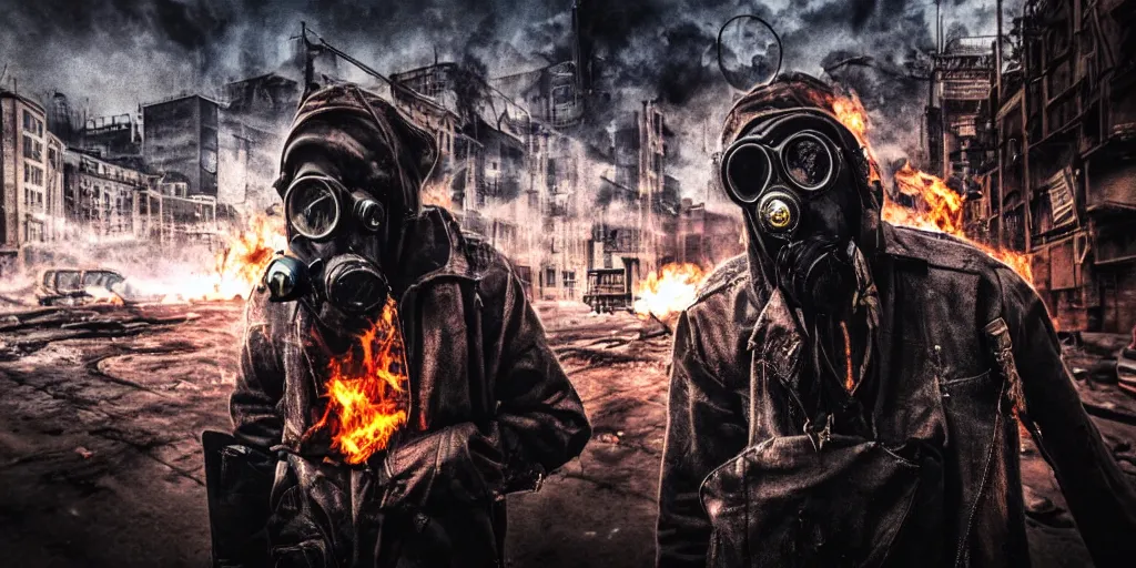 Prompt: post - apocalyptic city streets, close - up shot of an anarchist with a gasmask, burning cars, explosions, acid color smoke, hyperrealistic, gritty, damaged, dark, urban photography, photorealistic, high details