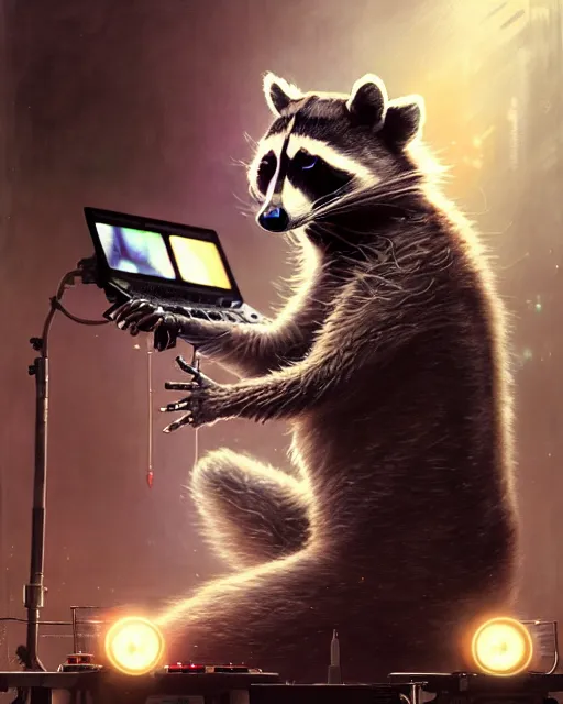 Prompt: cyborg dj raccoon mixing on stage, diffuse lighting, fantasy, intricate, elegant, highly detailed, lifelike, photorealistic, digital painting, artstation, illustration, concept art, smooth, sharp focus, art by john collier and albert aublet and krenz cushart and artem demura and alphonse mucha