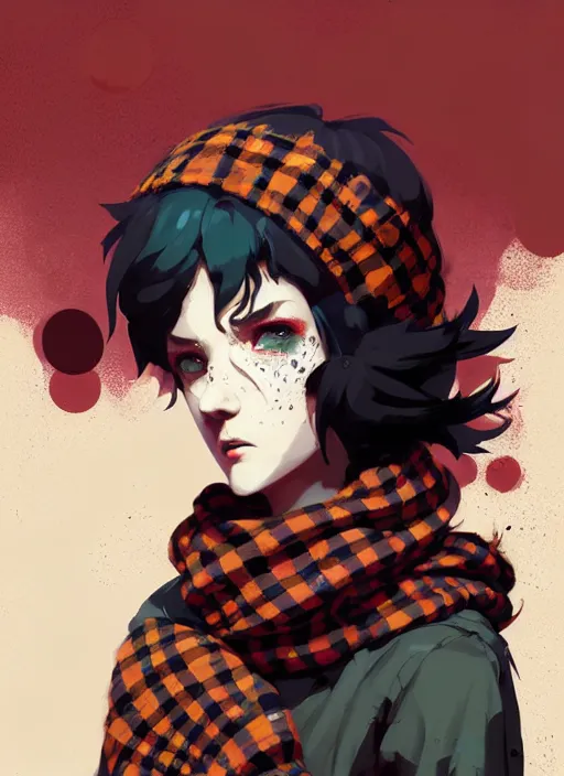 Image similar to highly detailed portrait of a sewer ( ( emo punk ) ) lady student, beanie, tartan scarf, curly hair by atey ghailan, by greg rutkowski, by greg tocchini, by james gilleard, by joe fenton, by kaethe butcher, gradient red, black, brown and cream color scheme, grunge aesthetic!!! graffiti tag wall background