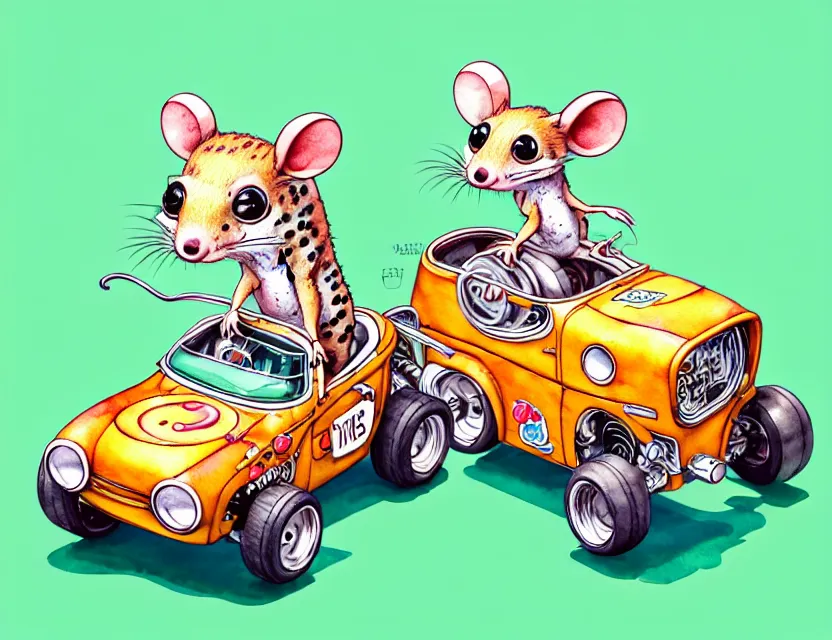 Image similar to cute and funny, quoll riding in a tiny hot rod with oversized engine, ratfink style by ed roth, centered award winning watercolor pen illustration, isometric illustration by chihiro iwasaki, edited by range murata, tiny details by artgerm and watercolor girl, symmetrically isometrically centered