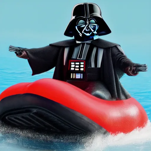 Image similar to darth vader riding in a bumper boat having fun