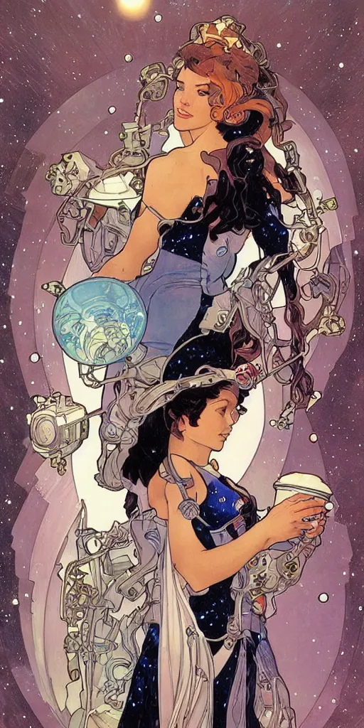 Image similar to a woman wearing outer space as a dress, pouring water from a vase into the milky way, by travis charest, by alphonse mucha, battle chasers.