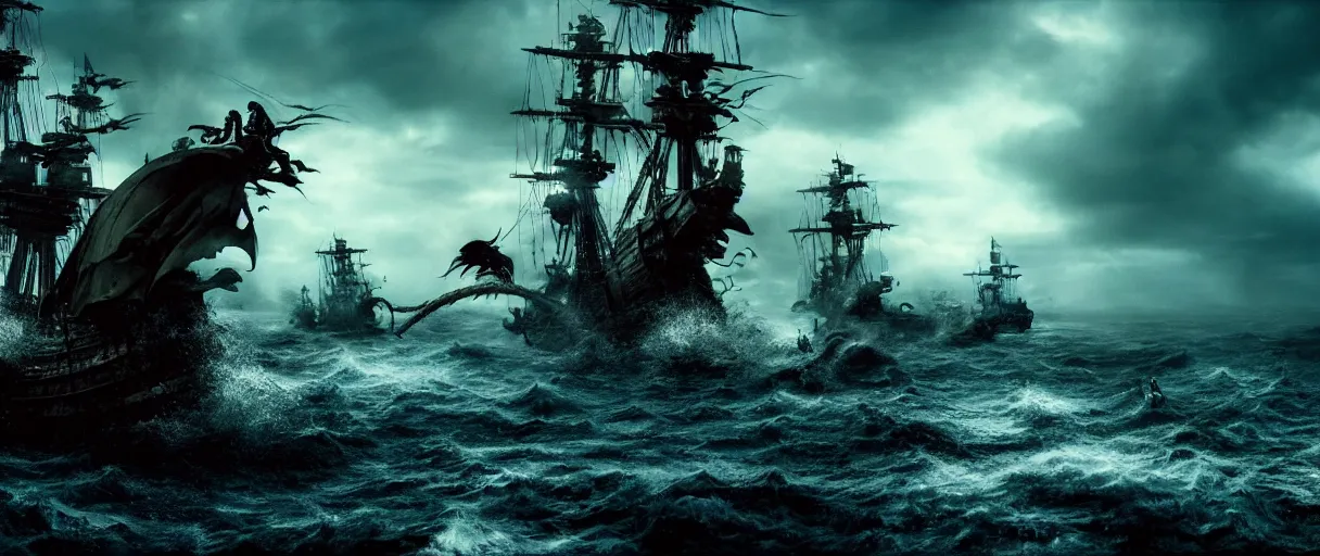 Image similar to pirates fighting kraken, cinematic atmosphere, maximized, high detail, 8k, ornate, dark fantasy, masterpiece, complex, film still from the movie directed by Denis Villeneuve