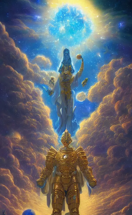 Prompt: a celestial cosmic god, in the armor of a thousand galaxies, dynamic lighting, fantasy concept art, trending on art station, stunning visuals, creative, cinematic, ultra detailed, ray tracing, sun rays, majestic, tim hildebrandt