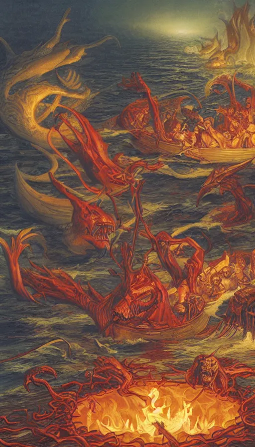 Prompt: man on boat crossing a body of water in hell with creatures in the water, sea of souls, by greg hildebrandt