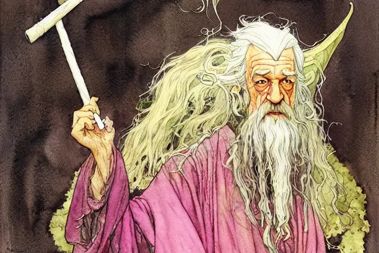 Prompt: a realistic and atmospheric watercolour fantasy character concept art portrait of gandalf with pink eyes lying on his back looking happy and confused and smoking weed out of his pipe with a pot leaf nearby, by rebecca guay, michael kaluta, charles vess and jean moebius giraud