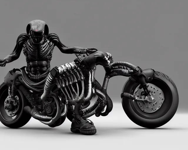 Image similar to Xenomorph AKIRA Motorcycle Gang, Full Figure, 8K, octane render, HDR, photorealistic, volumetric lighting, Hyperrealistic-H 960