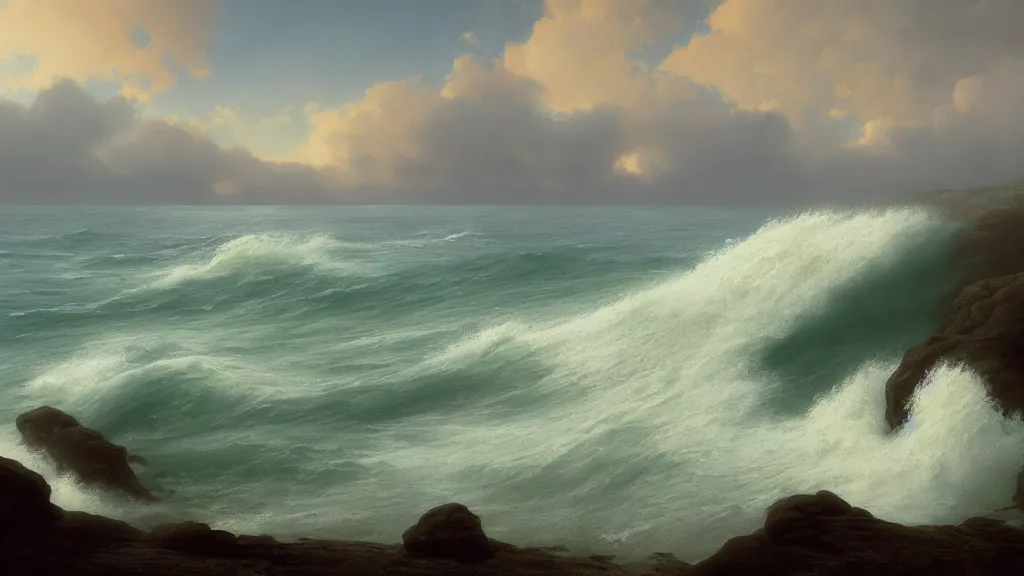 Image similar to first person view of breaking waves on the shore, summer, delicate fog, sea breeze rises in the air, by andreas rocha and john howe, and Martin Johnson Heade, featured on artstation, featured on behance, golden ratio, ultrawide angle, f32, well composed