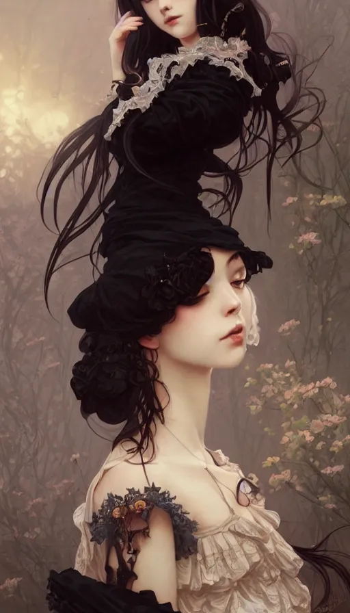 Prompt: portrait of radical lolita girl, dreamy and ethereal, dark eyes, peaceful expression, ornate frilly dress, fantasy, intricate, elegant, black crows flying, highly detailed, digital painting, artstation, concept art, smooth, sharp focus, illustration, art by artgerm and greg rutkowski and alphonse mucha