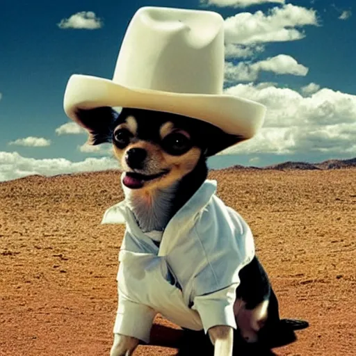 Image similar to a happy chihuahua stars as walter white in breaking bad, high quality photography, promotional shot