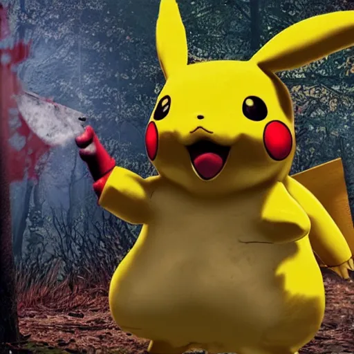 Image similar to 3 d realistic bloody pikachu eating a survivor from the game dead by daylight, dark lighting and heavy fog, videogame screenshot of mori animation