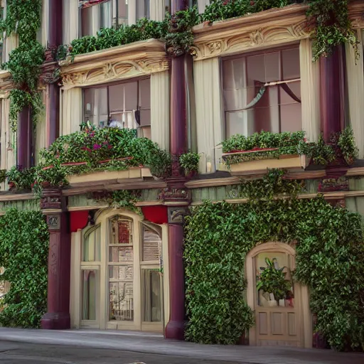 Image similar to charming mainstreet disneyland type building with ivy growing up it, octane render, hyperdetailed, photorealistic, natural light