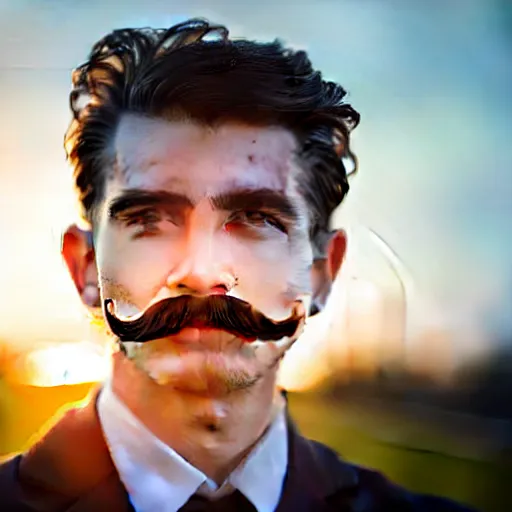 Image similar to closeup of a young gentlemen's face with a mustache, 4K, beautiful, sunset