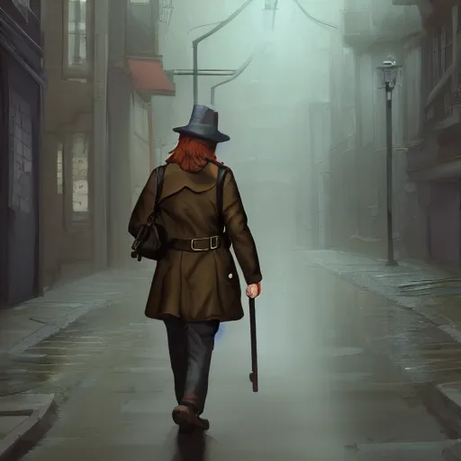 Image similar to halfling private investigator walking down a Victorian rainy alley in a trenchcoat , artstation, detailed, hyper realistic, 8k, digital art, cinematic