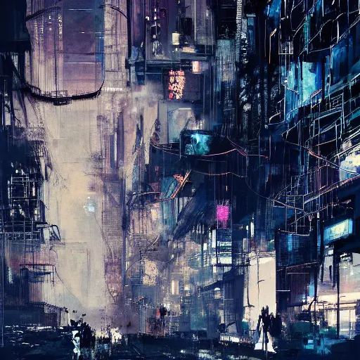 Image similar to a cyberpunk, wires, machines, in a dark future city by jeremy mann, francis bacon and agnes cecile, ink drips, paint smears, digital glitches glitchart c - 1 0