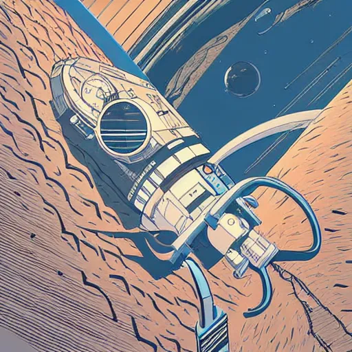 Image similar to very detailed, ilya kuvshinov, mcbess, rutkowski, illustration of a space station orbiting a desert planet
