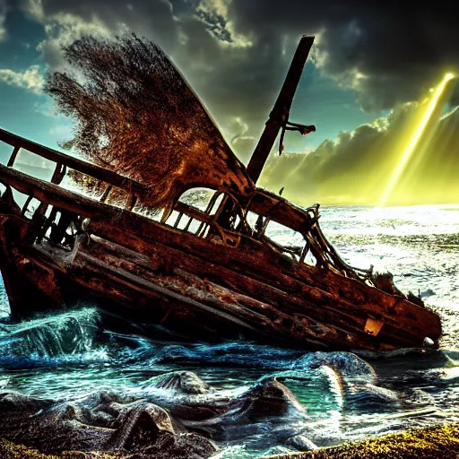 Image similar to wooden shipwreck of old pirate ship on rocks at sea, dramatic lighting, sun beams, god rays illuminating wreck, dark background, gloomy green sea, fantasy art