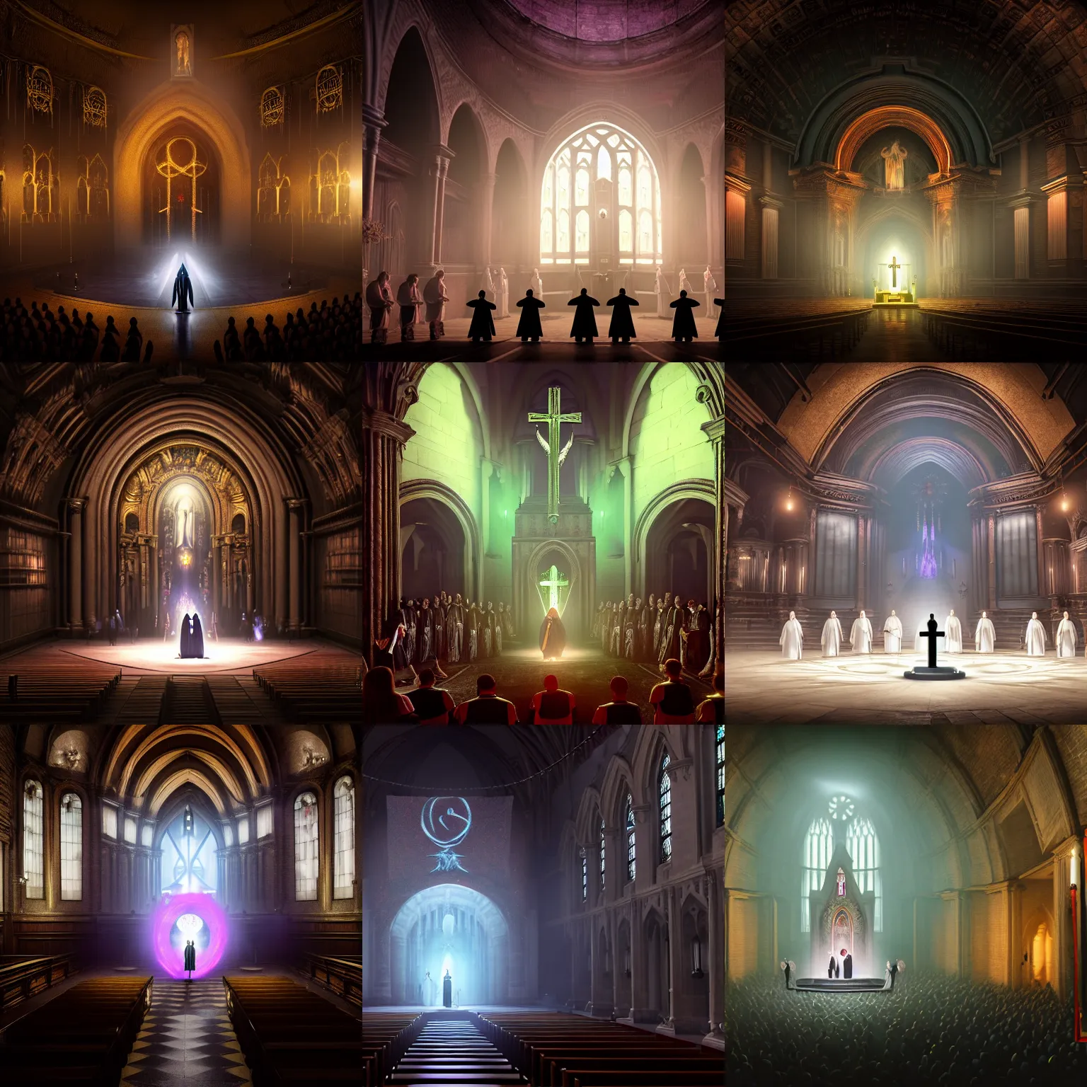 Prompt: center view photography of a group of priest in circle invoking an hyper realistic lovecraft creature portrait in a huge ritual portal in a church, 4 k, fantasy art, glamorous composition, wide - angle shot, cinematography lighting, volumetric fog, vivid colors, realistic, octane render, unreal engine