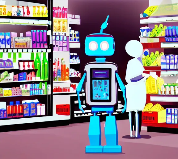 Image similar to a robot girl with a shopping bag, standing in a line to the cash register in a convenience store in warsaw ; photorealistic, near future, slice of life scene, digital art