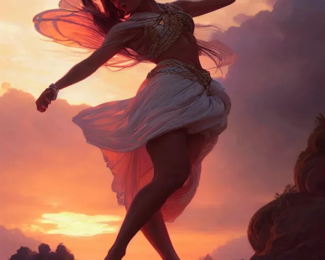 Prompt: woman dancing in extacy, sunset, deep focus,, fantasy, intricate, elegant, highly detailed, digital painting, artstation, concept art, matte, sharp focus, illustration, hearthstone, art by artgerm and greg rutkowski and alphonse mucha