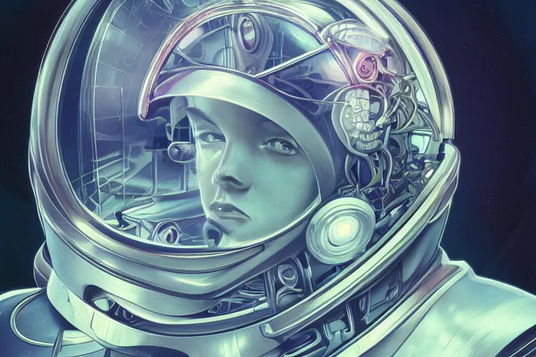 Image similar to portrait of a biomechanical head inside a futuristic space helmet, vintage, neon, white metal, iridescent visor, smooth, sharp focus, high detail, deviantart, art by Artgerm and Alphonse Mucha,