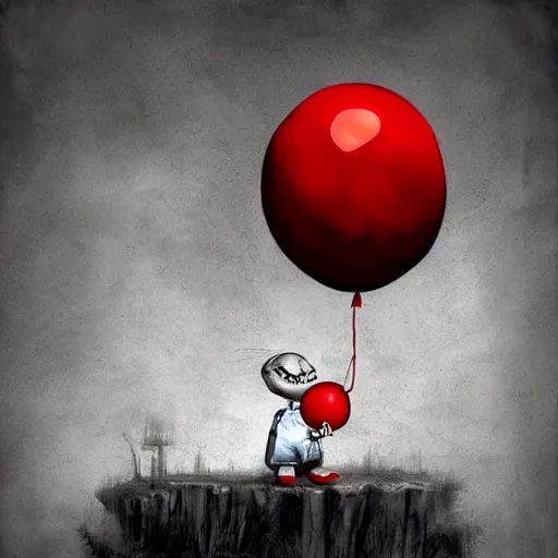 Prompt: surrealism grunge cartoon portrait sketch of a sleeping giant with a wide smile and a red balloon by - michael karcz, loony toons style, pennywise style, chucky style, horror theme, detailed, elegant, intricate