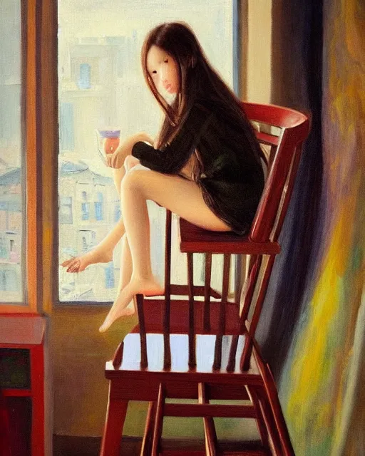 Prompt: the girl is sitting on a very high chair near the ceiling, wonderful eyes, her loose hair, delicate, intricate details, a real masterpiece, oil on canvas, author li zhang