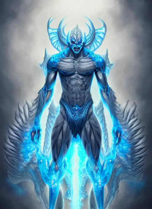 Image similar to muscular and tall blue ghostly fire humanoid dragon!!!! draconian!! intricate ornate iridescent exoesqueleton!! character concept art, sharp focus, octane render! unreal engine 5! highly rendered!! trending on artstation!! detailed linework!! illustration by artgerm, wlop, and chie yoshii