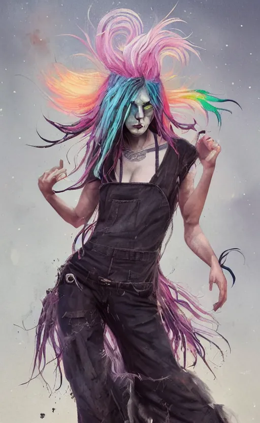Prompt: a grungy witch woman with rainbow hair, drunk, angry, soft eyes and narrow chin, dainty figure, long hair straight down, torn overalls, basic white background, side boob, symmetrical, single person, style of by Jordan Grimmer and greg rutkowski, crisp lines and color,