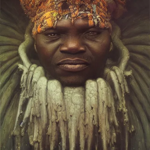 Prompt: yoruba priest | highly detailed oil painting, hyperrealistic, very intrincate | cinematic lighting, award - winning | by rachel ruysch, giger, beksinski and bocklin | by austin osman spare and william blake, trending on artstation, cgsociety, official art, octane.