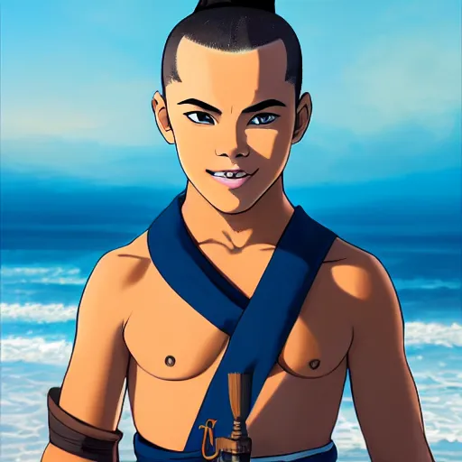 Image similar to beautiful serene intricate portrait of sokka from the water tribe as a young inuit man with blue eyes, smiling softly, relaxing on the beach, golden hour, soft focus, 8 k, art by irakli nadar, hyperrealism, hyperdetailed, ultra realistic