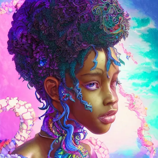 Prompt: the portrait of an absurdly beautiful, graceful, elegant, gorgeous, sensual black young anime goddess made of rainbow crystals, an ultrafine hyperdetailed illustration by kim jung gi, irakli nadar, intricate linework, ultra bright colors, octopath traveler, final fantasy, unreal engine 5 highly rendered, global illumination, radiant light, intricate environment