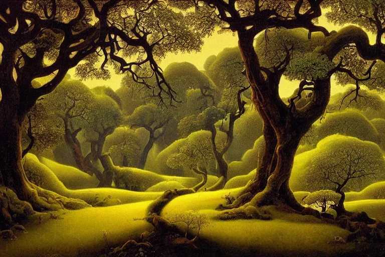 Image similar to masterpiece painting of oak trees on a hillside overlooking a creek, dramatic lighting, by michael hutter