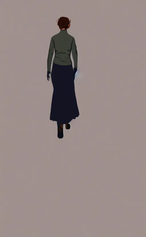 Image similar to servant girl walking in hallway, half turned around, full body, realistic, digital painting