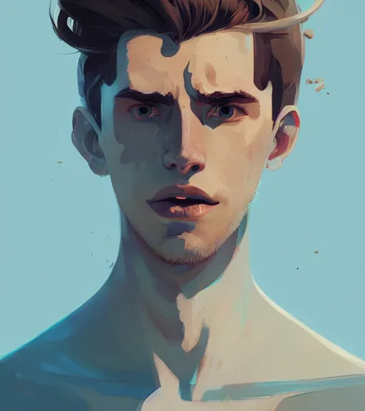 Image similar to portrait of a young man, raised on the island, white hair, face tatooes by atey ghailan, by greg rutkowski, by greg tocchini, by james gilleard, by joe fenton, by kaethe butcher, dynamic lighting, gradient light blue, brown, blonde cream and white color scheme, grunge aesthetic