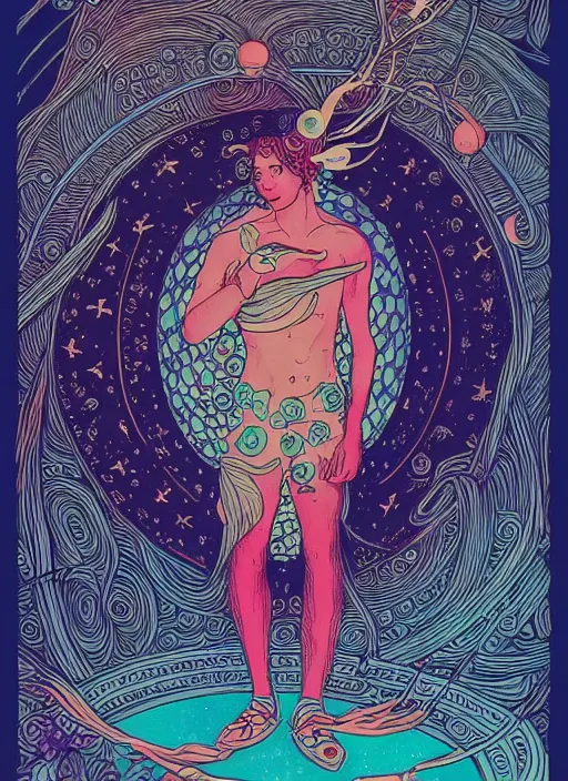 Image similar to beautiful tarot illustration of apollo, in the style of james jean and victo ngai, mystical colors, trending on artstation