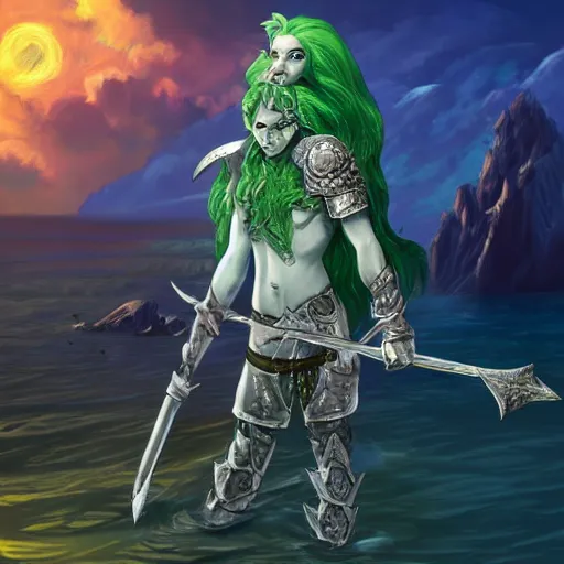 Image similar to a d&d triton with green hair, wielding a staff with a glowing crystal, wearing studded leather armor, male, dungeons and dragons character, standing beside the ocean, digital art