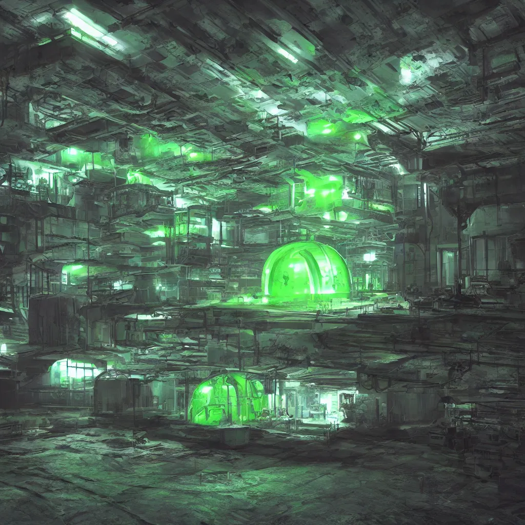 Image similar to secret under ground base with a green glowing uranium tank, concept art, digital art, octane render, xray melting colors