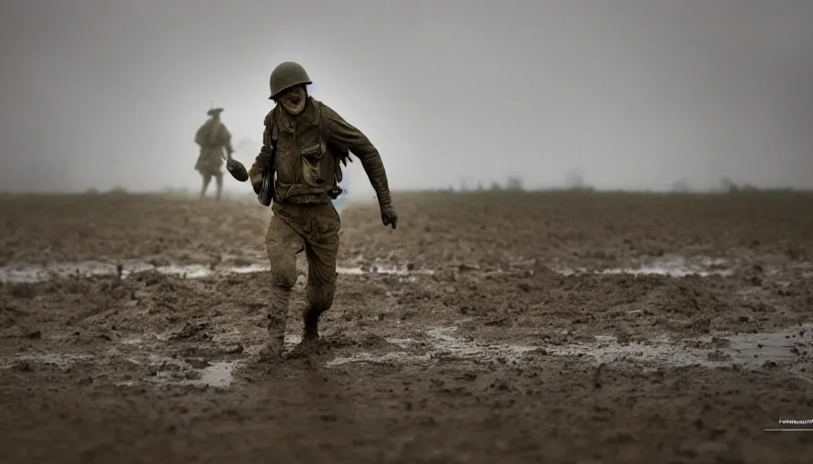 Prompt: screaming World War 1 soldier running across No Mans Land, wartorn landscape, lots of mud puddles and craters, dirty lens, cinematic lighting, IMAX close-up of face, cinematography, 35mm