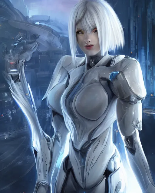 Image similar to perfect white haired girl, warframe armor, beautiful, dreamy, pretty face, blue cyborg eyes, portrait, bright light, scifi, emotional, utopian architecture in the background, laboratory, 4 k, high definition, ultra realistic, aura of light, cinematic, highly detailed, masterpiece, art by akihito tsukushi, akasuki brightmind