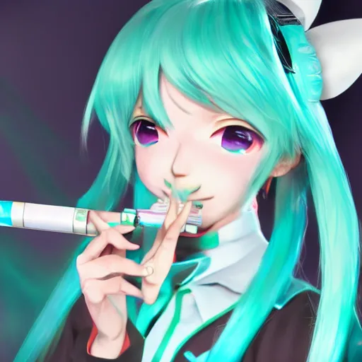 Image similar to hatsune miku smoking weed with a vape pen, smoke coming out of her mouth, bloodshot eyes, artstation, 4 k