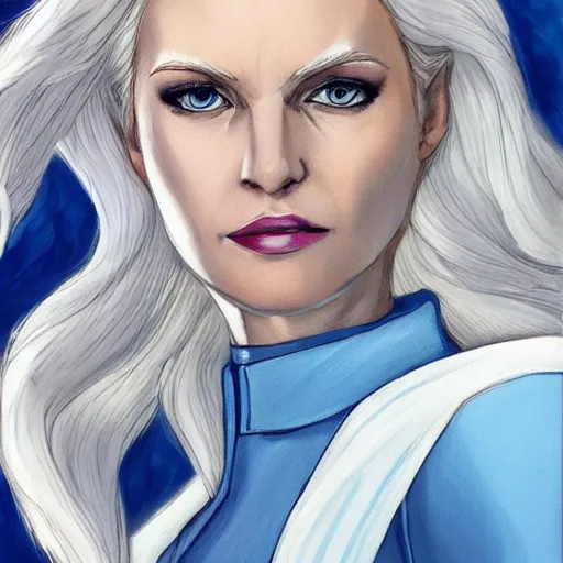 Prompt: portrait of emma frost, a beautiful woman in her 3 0 s with white blonde hair and blue eyes dressed in a fashionable white suit, detailed face, delicate features, smooth, sharp focus, teasing smile, artstation, art by cole marchetti,