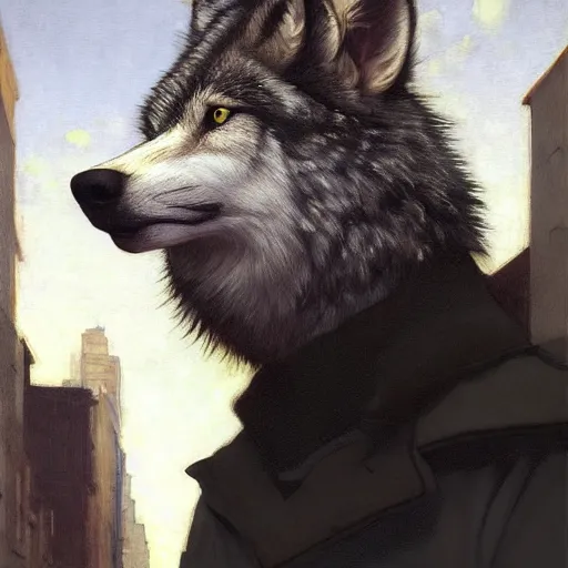 Image similar to new york city portrait of furry anthro anthropomorphic grey wolf head animal person fursona wearing clothes black traditional police uniform in the alley, sunny day, digital art by Nerdrum John, William Waterhouse, Winslow Homer, Alex Heywood, Jordan Grimmer, Darren Quach, Greg Rutkowski, Simon Stalenhag, trending on Artstation, CGSociety