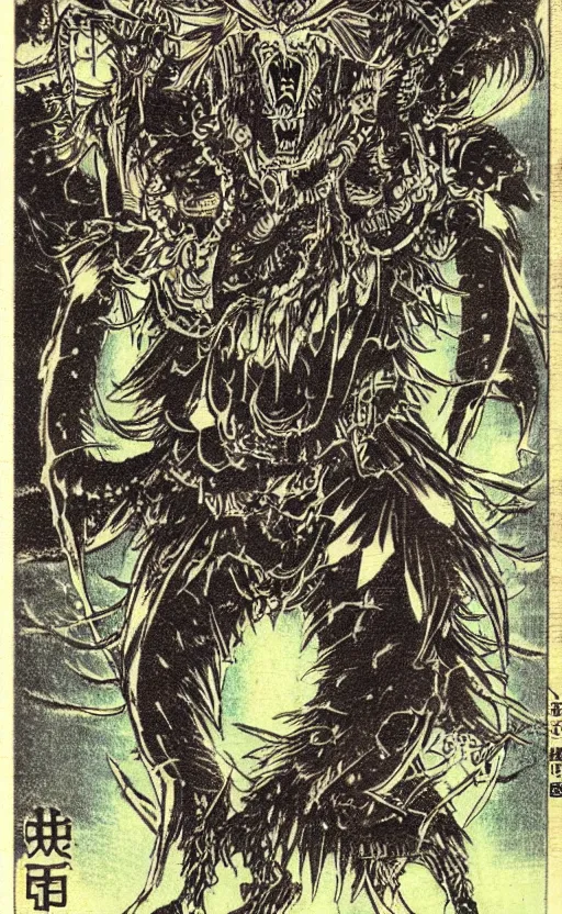Image similar to by akio watanabe, manga art, japanese demon monster, folkore, tomoe drum, trading card front